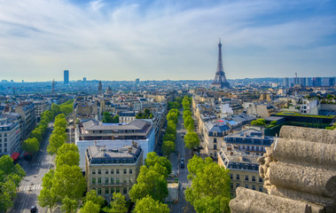 A view of the Eiffel Tower and Paris, France from the Arc de Triomphe.