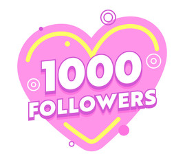 1000 Followers Social Sites Post in Pink Heart with Random Design Elements