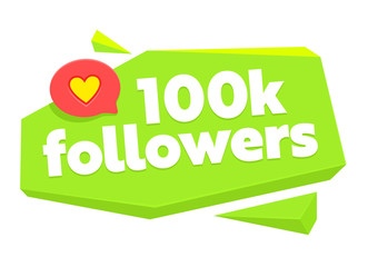 100k Followers Card with Speech Bubble and Random Items. Template for Social Media Post. Memphis Style. 100000 Subscribers Congratulation Banner, Counter Notification. Cartoon Flat Vector Illustration