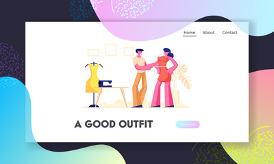 Garment Designer Website Landing Page, Dressmaker or Tailor Measuring Woman Customer Breast for Making Dress, Clothing Designer Working in Atelier Web Page. Cartoon Flat Vector Illustration, Banner