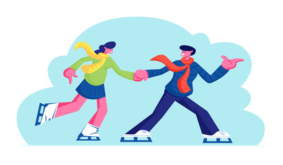Young Couple in Love Man and Woman Characters Have Fun, Active Date Skating on Ice Rink Arena in Winter Time, Healthy Lifestyle, Loving Relations, Outdoors Activity Cartoon Flat Vector Illustration
