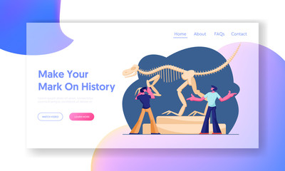Dinosaurs Archaeological Exhibition. Website Landing Page, Couple of Men Visiting Paleontology Museum, Tyrannosaur Rex Bones Skeleton in Exhibit Web Page. Cartoon Flat Vector Illustration, Banner