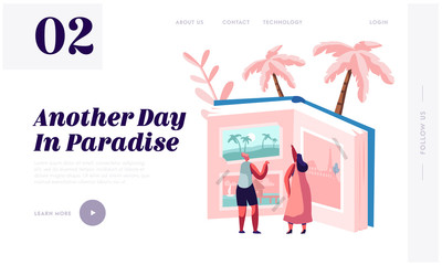 Memory of Trip Experience, Journey Website Landing Page, Tiny Women Characters Looking Traveling Pictures in Huge Photo Album, Summer Time Vacation Web Page. Cartoon Flat Vector Illustration, Banner