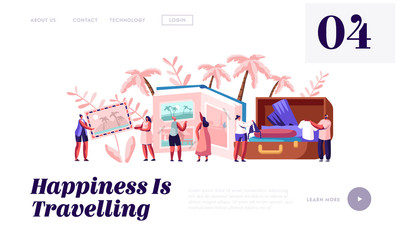 Fototapeta premium Memory, Photography, Trip Website Landing Page, Young People After Vacation Watching Photo Album, Take Out Clothes and Souvenirs from Suitcase, Web Page. Cartoon Flat Vector Illustration, Banner