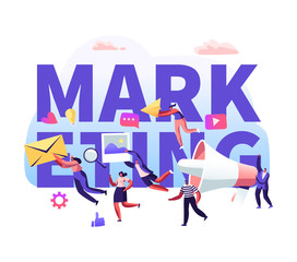 Marketing Concept, PR Agency Team Work with Huge Megaphone, Communication Alert Advertising, Propaganda, Social Media Public Relations Poster, Banner, Flyer, Brochure