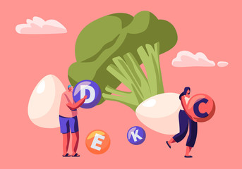 Young Man and Woman Characters Hold Vitamin Balls with Huge Broccoli and Eggs around, Healthy Lifestyle and Organic Food Nutrition, Fresh Natural Fortified Products, Cartoon Flat Vector Illustration