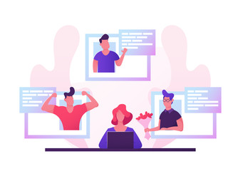 Young Woman Sitting at Laptop Searching Love Partner on Dating Web Site, Virtual Reality Human Relations, Girl Chatting Online with Different Men, Communication, Cartoon Flat Vector Illustration
