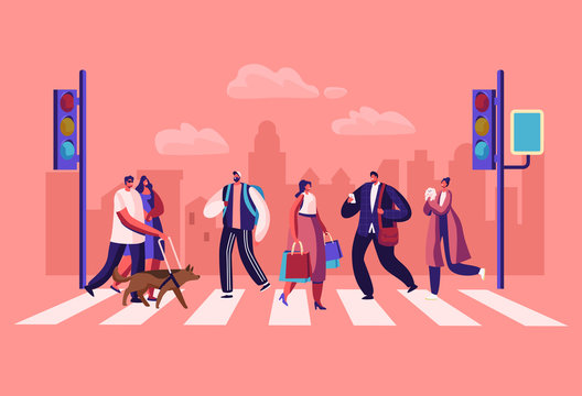 Pedestrians People Walking on City Street. Men and Women Characters Hurry at Work on Urban Background with Traffic Lights and Crosswalk Moving by Road, Lifestyle, Cartoon Flat Vector Illustration