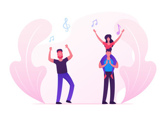 Men and Women Fans Cheering, Dancing and Jumping with Hands Up, Group of Young People Visiting Music Event or Concert, Girl Sitting on Man Shoulders, Friends Leisure. Cartoon Flat Vector Illustration