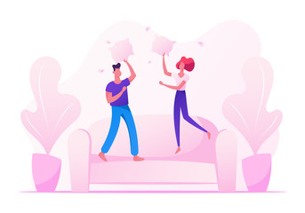 People Fooling, Having Fun at Home, Male and Female Characters Jumping on Sofa Fighting with Pillows, Couple in Love, Friends, Brother and Sister Jump on Couch in Room Cartoon Flat Vector Illustration