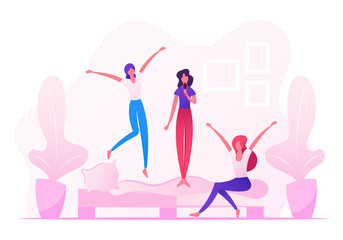 Home Party, People Fooling and Having Fun, Teenage Girls Jumping on Sofa Singing and Dancing on Couch in Room, Leisure, Relax, Childish Behaviour, Recreation Lifestyle Cartoon Flat Vector Illustration