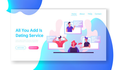 Dating Website Landing Page, Young Woman Sitting at Laptop Searching Love Partner on Web Site for Virtual Date, Girl Chatting Online Different Men Web Page. Cartoon Flat Vector Illustration, Banner