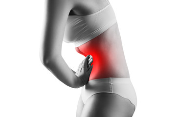 Woman with abdominal pain, stomachache isolated on white background
