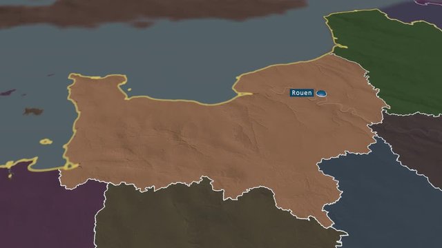 Normandie - region of France with its capital zoomed on the administrative map of the globe. Animation 3D