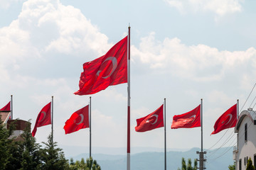 Turkish flag waving in blue sky