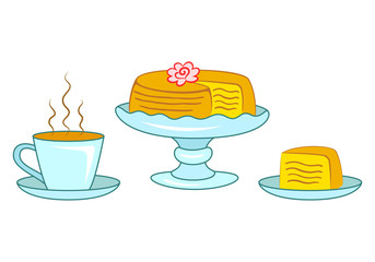 Layer cake on blue cake stand and slice of cake on the plate and cup of hot coffee or tea. Birthday cake decorated with cream rose. Sweet bakery and hot beverage vector illustration isolated on white.