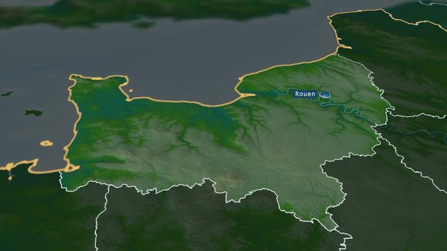 Normandie - region of France with its capital zoomed on the physical map of the globe. Animation 3D