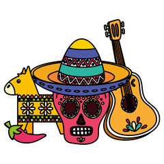 day of the dead skull mask with guitar and pinata