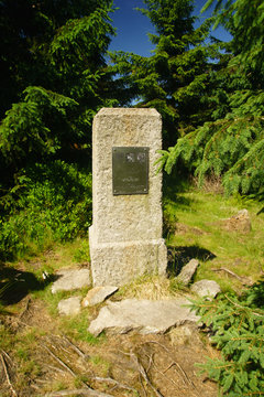 stone statue Tabulovy Kamen in the historic Isera tri-border area in the Isera Mountains in Poland memorising tthe fact that in this place was the border of three states: Czech, Lusatia and Silesia