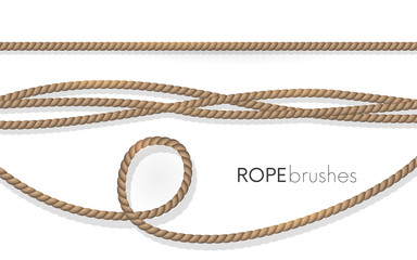 Realistic fiber ropes.Rope brushes .Jute twisted cords with loops isolated on white background. Decorative elements with brown packthread. - obrazy, fototapety, plakaty