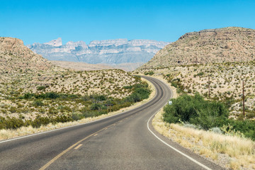 Desert landscape view of Big Bend National Park during the day in Texas.