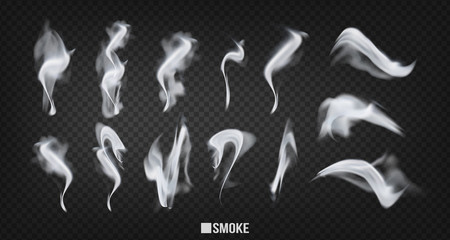 Smoke vector collection, isolated on transparent background. Set of realistic white smoke steam, waves from coffee,tea,cigarettes,perfume