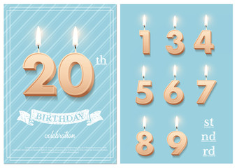 Burning number 20 birthday candles with vintage ribbon, birthday celebration text on textured blue backgrounds postcard format. Vector vertical twentieth birthday invitation template and numbers set.