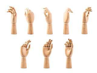 hand of wood doll make fingers to touch on white bakground