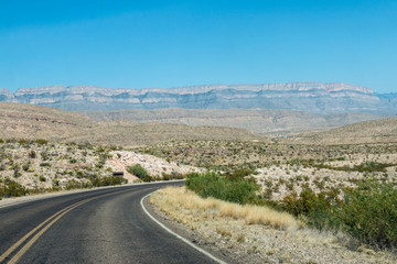 Desert landscape view of Big Bend National Park during the day in Texas.