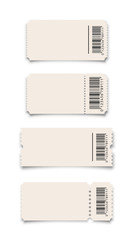 White ticket or coupon with barcode templates set isolated on white background. Vector design elements.