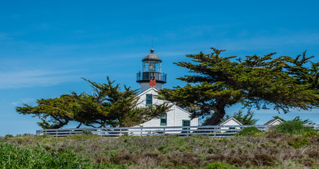 Fototapeta na wymiar Point Pinos Historic Lighthouse along the Monterey Bay in Pacific Grove, California, near Asilomar beach, with Monterey Cypress trees (Cupressus macrocarpa) in the foreground.