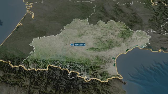 Occitanie - region of France with its capital zoomed on the satellite map of the globe. Animation 3D
