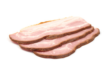 Sliced smoked pork, ingredient for cooking, isolated on white background