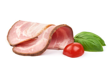 Smoked bacon slices, dried pork meat, isolated on white background
