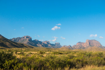 Desert landscape view of the Chisos Basin during the day in Big Bend National Park (Texas).