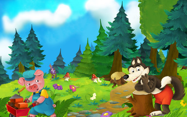 Obraz na płótnie Canvas Cartoon fairy tale scene with wolf and pig on the meadow - illustration for children