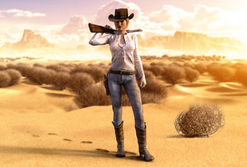 Beautiful Cowgirl with a Rifle in a barren Desert
