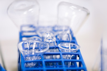 Different laboratory glassware. Test tubes and flasks