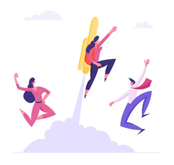 Happy Colleagues See Off Cool Businesswoman Flying Off with Jet Pack. Great Start, Career Boost or Fast Business Growth with Female Office Worker with Rocket on Back. Cartoon Flat Vector Illustration
