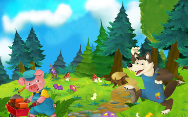 Cartoon fairy tale scene with wolf and pig on the meadow - illustration for children