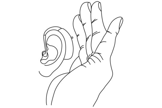 Vector illustration of an ear with hearing aid and a cupping hand over it