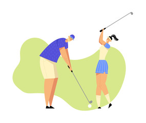 Senior Man and Young Woman in Uniform Playing Golf on Course with Green Grass, Hitting Ball to Hole, Sport Game, Tournament, Summer Spare Time, Luxury Recreation. Cartoon Flat Vector Illustration