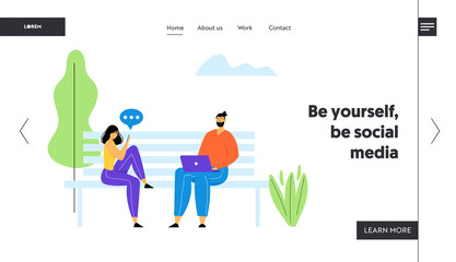 Man and Woman Sitting on Bench in Park with Laptop and Smartphone and Communicating Online in Internet. Social Media Networking Website Landing Page, Web Page. Cartoon Flat Vector Illustration, Banner