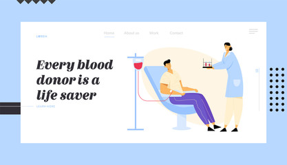 Man Donate Blood, Nurse Character Carrying Test Tubes with Lifeblood. Healthcare, Charity, Transfusion, Donation Laboratory Website Landing Page, Web Page. Cartoon Flat Vector Illustration, Banner