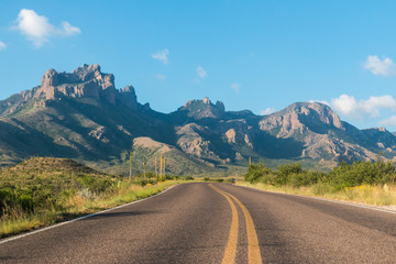 Desert landscape view of the Chisos Basin during the day in Big Bend National Park (Texas).