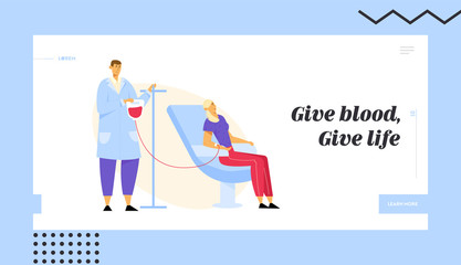 Blood Donation. Woman Donate Blood for Diseased People, Male Nurse Taking Lifeblood into Plastic Container. Donor in Clinic Website Landing Page, Web Page. Cartoon Flat Vector Illustration, Banner