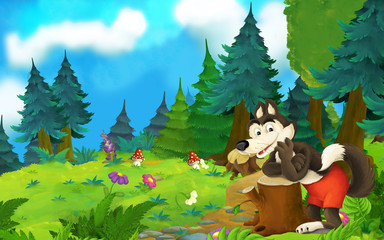 Cartoon fairy tale scene with wolf on the meadow - illustration for children