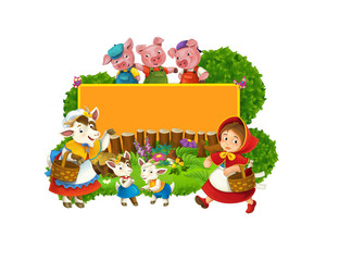 Cartoon fairy tale scene with wolf and title frame with different characters - illustration for children