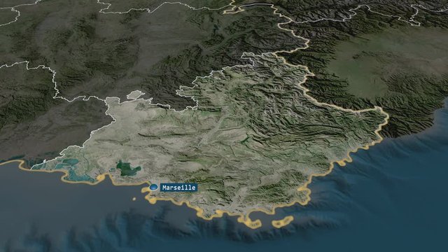 Provence-Alpes-C&ocirc;te d'Azur - region of France with its capital zoomed on the satellite map of the globe. Animation 3D
