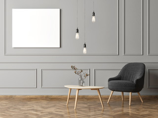 Armchair with mock up poster on gray wall, 3d rendner, 3d illustration